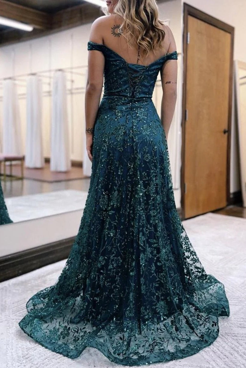 Glitter Mermaid Off The Shoulder Dark Green Long Prom Dress - KissProm