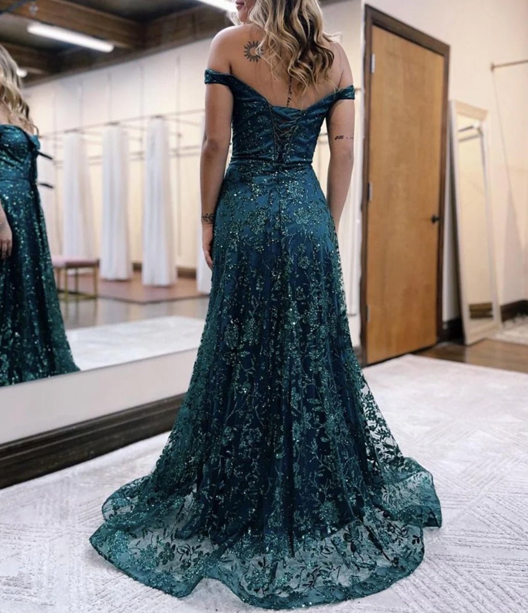 Glitter Mermaid Off The Shoulder Dark Green Long Prom Dress - KissProm