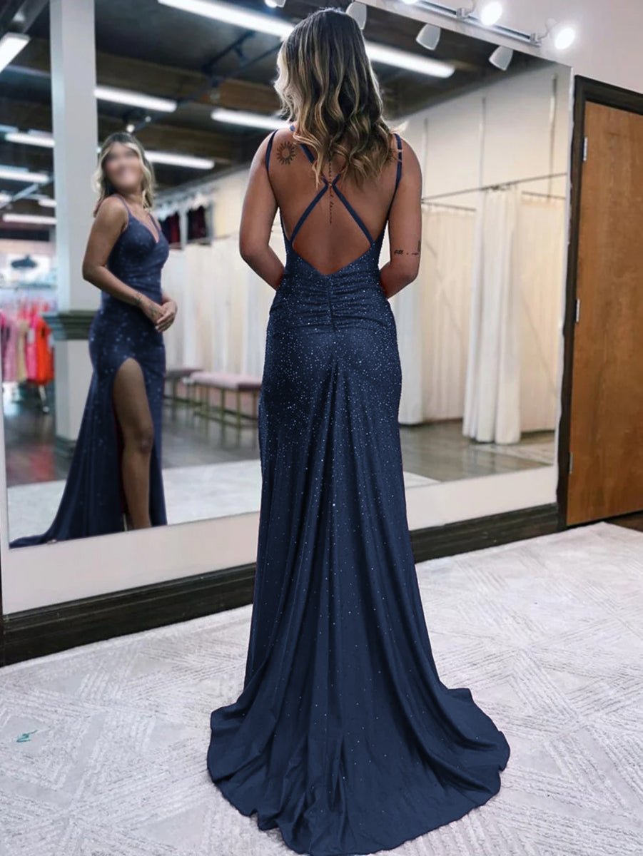Kaylani |Mermaid V Neck Glitter Jersey Long Prom Dress with Slit - KissProm