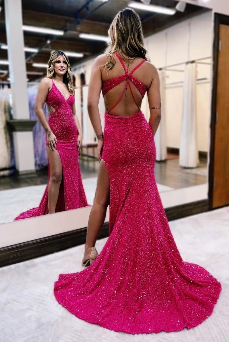 Glitter Red Mermaid V Neck Cut Out Prom Dress with Slit