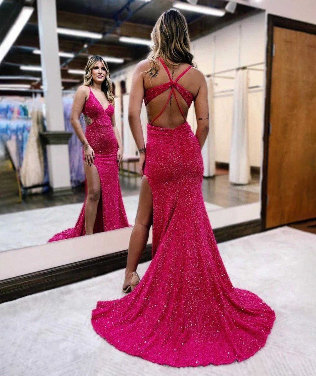 Glitter Red Mermaid V Neck Cut Out Prom Dress with Slit
