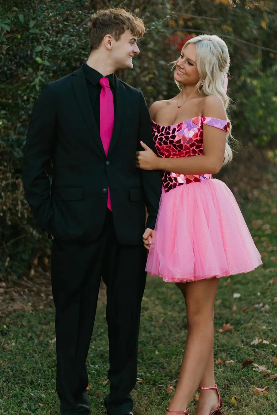 strapless open back dress Glitter Pink Off The Shoulder A-Line Tulle Short Homecoming Dress Pink / 10 / Sequin