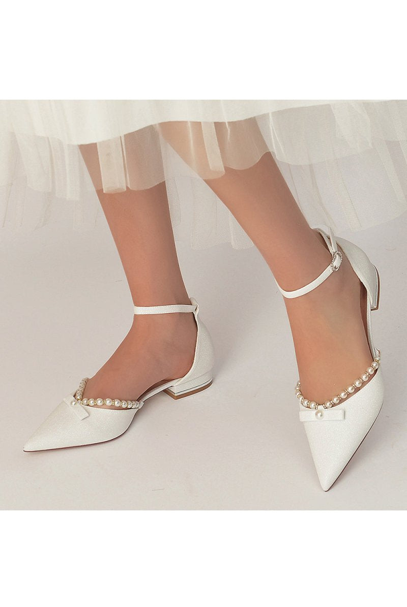 Glitter Pointed Toe Pearl Ankle Strap Low Heels With Bow - KissProm