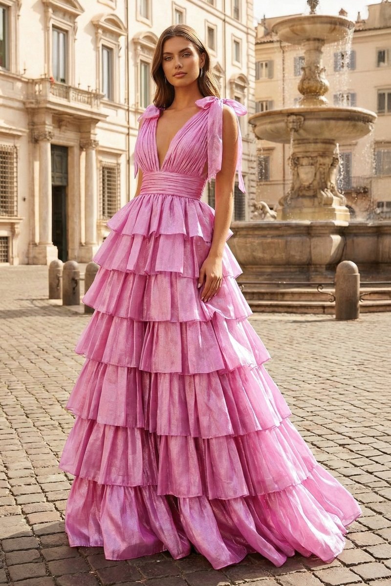 KissProm Glitter Tie Straps Pink Plunging Neck Tiered Long Prom Dress, Pink / 8