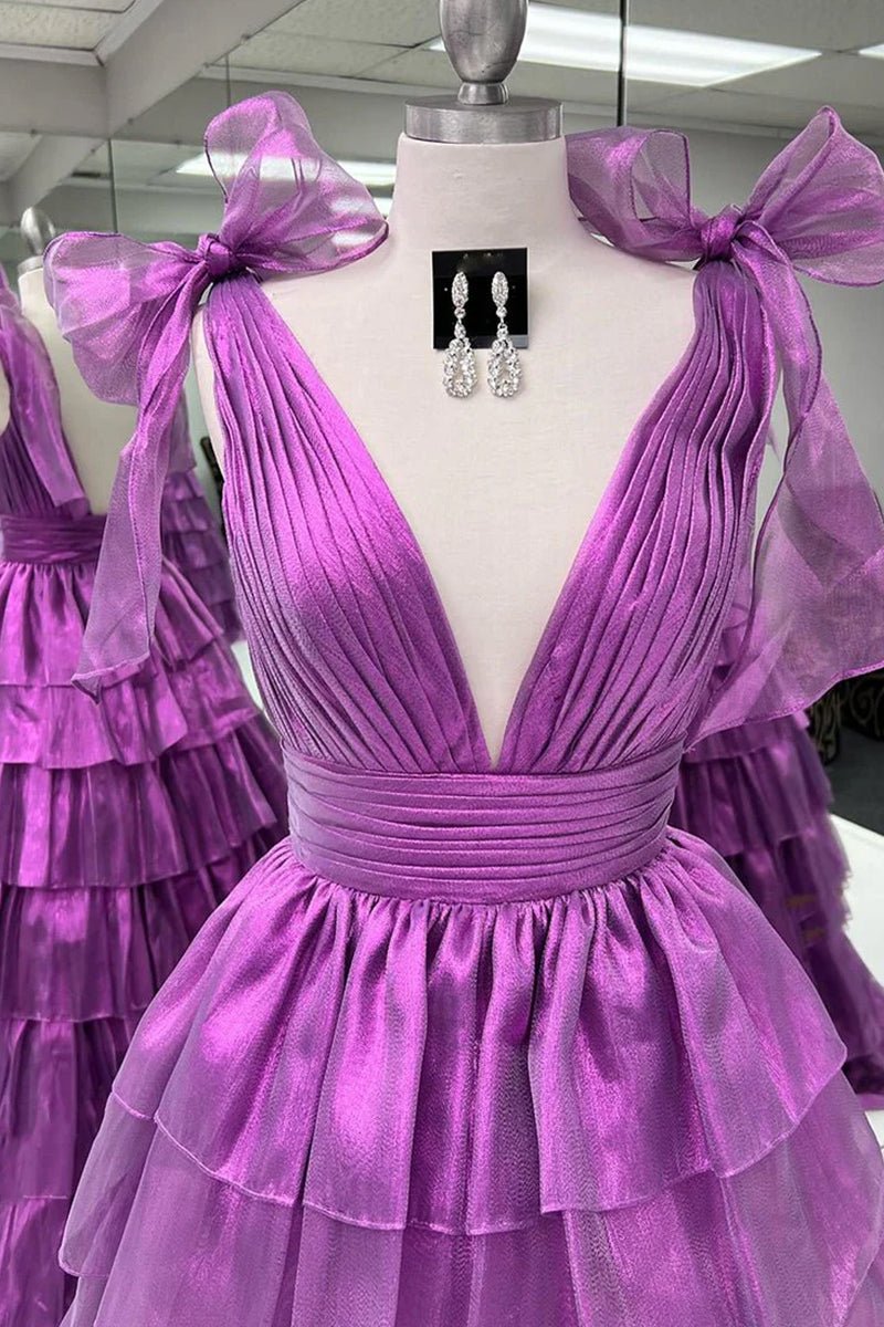 KissProm-August Purple Glitter Tie Straps Pink Plunging Neck Tiered Long Prom Dress