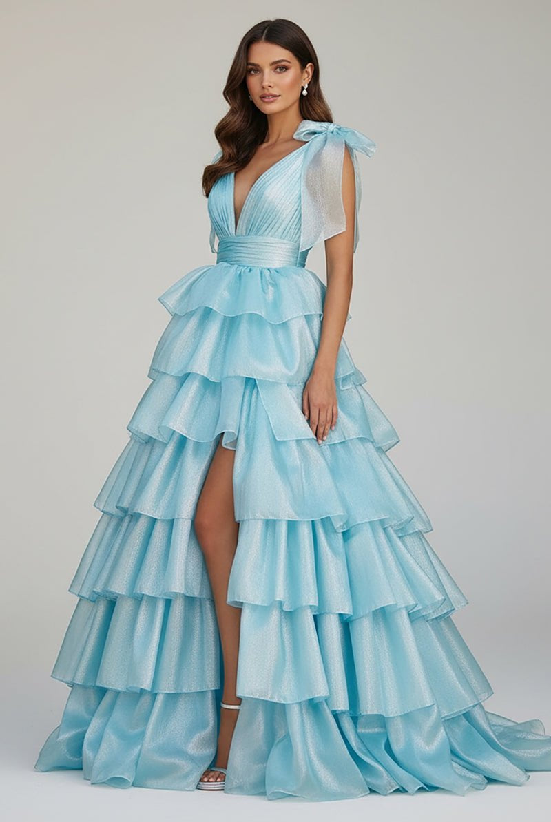 KissProm-August Sky Blue Glitter Tie Straps Pink Plunging Neck Tiered Long Prom Dress