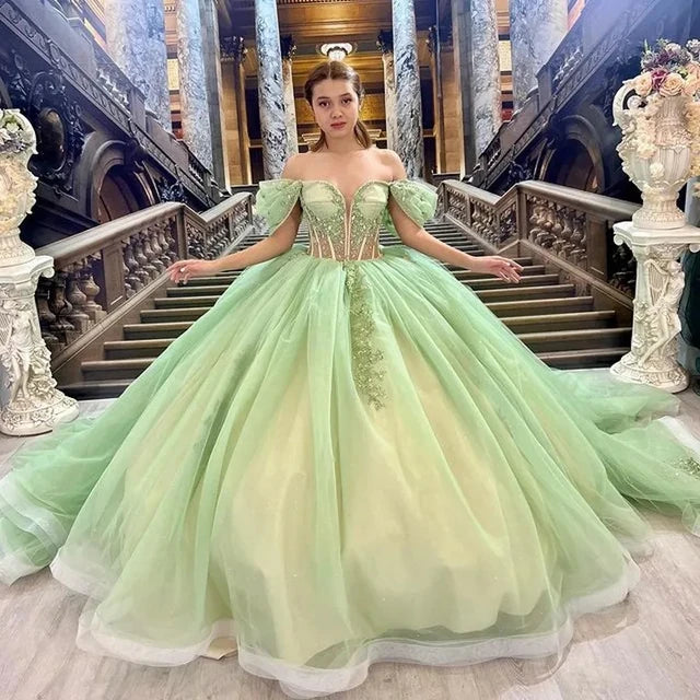 Sage Green Quinceanera Dress Off Shoulder Beading Floral Appliqué Ball Gowns