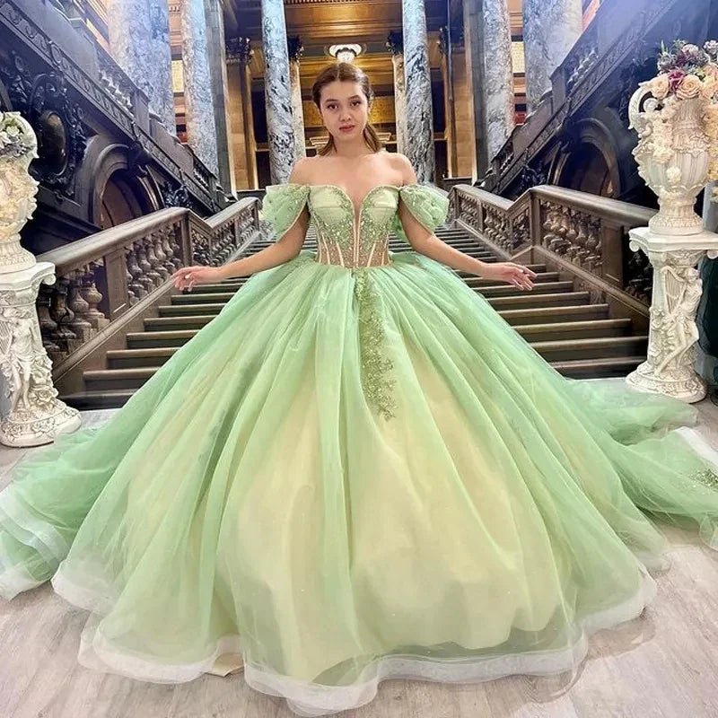 Sage Green Quinceanera Dress Off Shoulder Beading Floral Applique Ball KissProm
