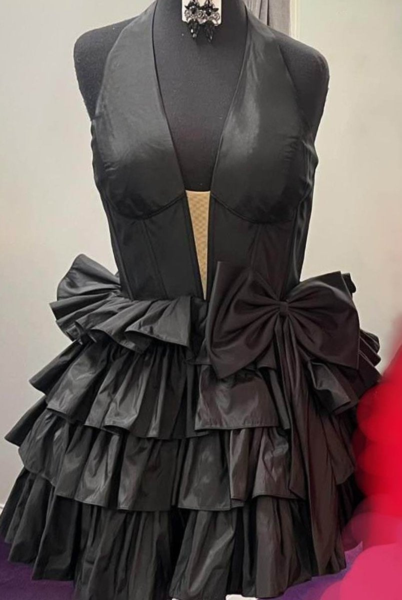 Glydah | Black - Halter A Line Ruffles Satin Homecoming Dress With Bow