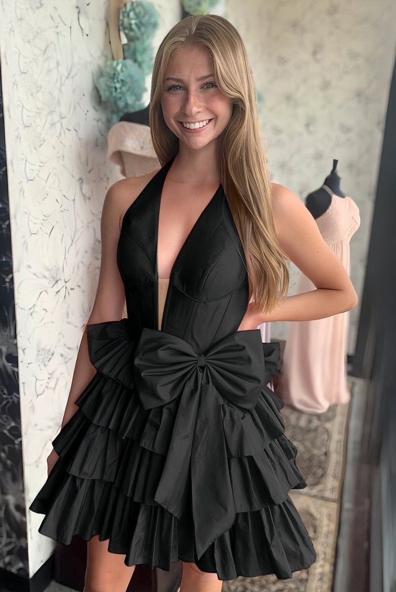 Glydah | Black - Halter A Line Ruffles Satin Homecoming Dress With Bow