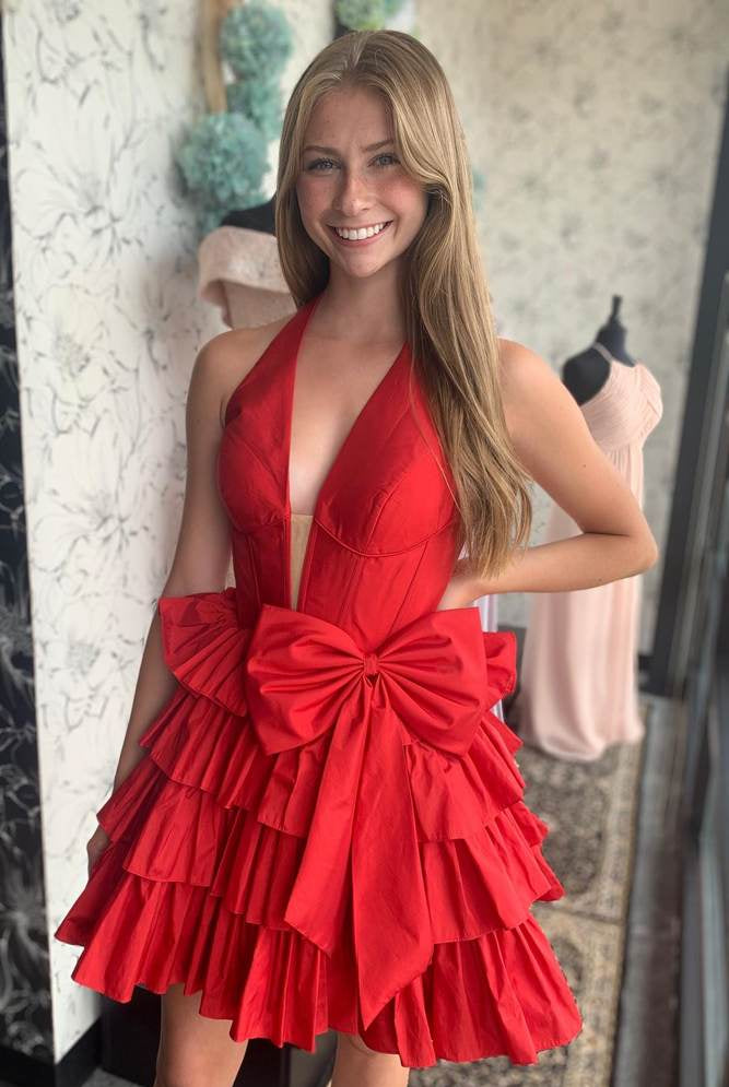 Glydah | Red - Halter A Line Ruffles Satin Homecoming Dress With Bow