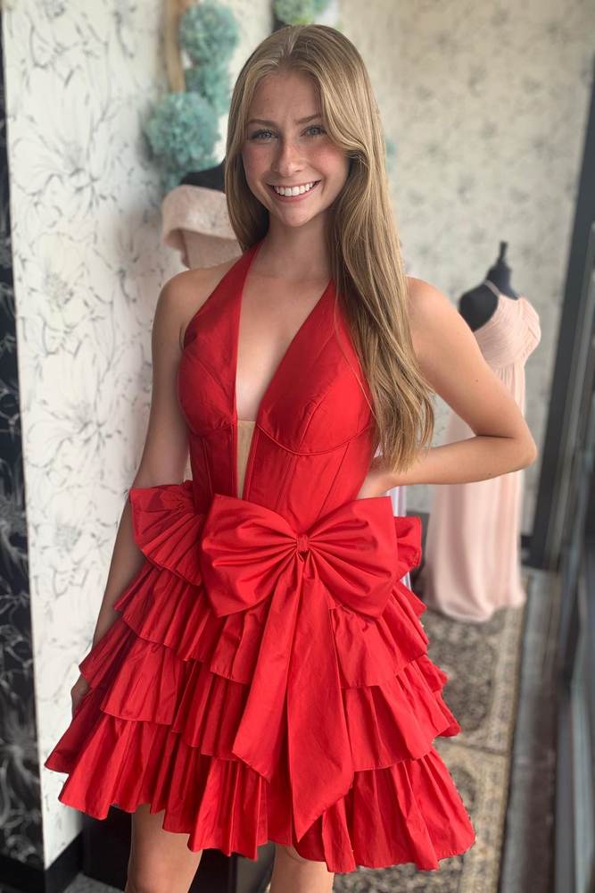 Red - Halter A Line Ruffles Satin Homecoming Dress With Bow Red - Halter A Line Ruffles Satin Homecoming Dress With Bow