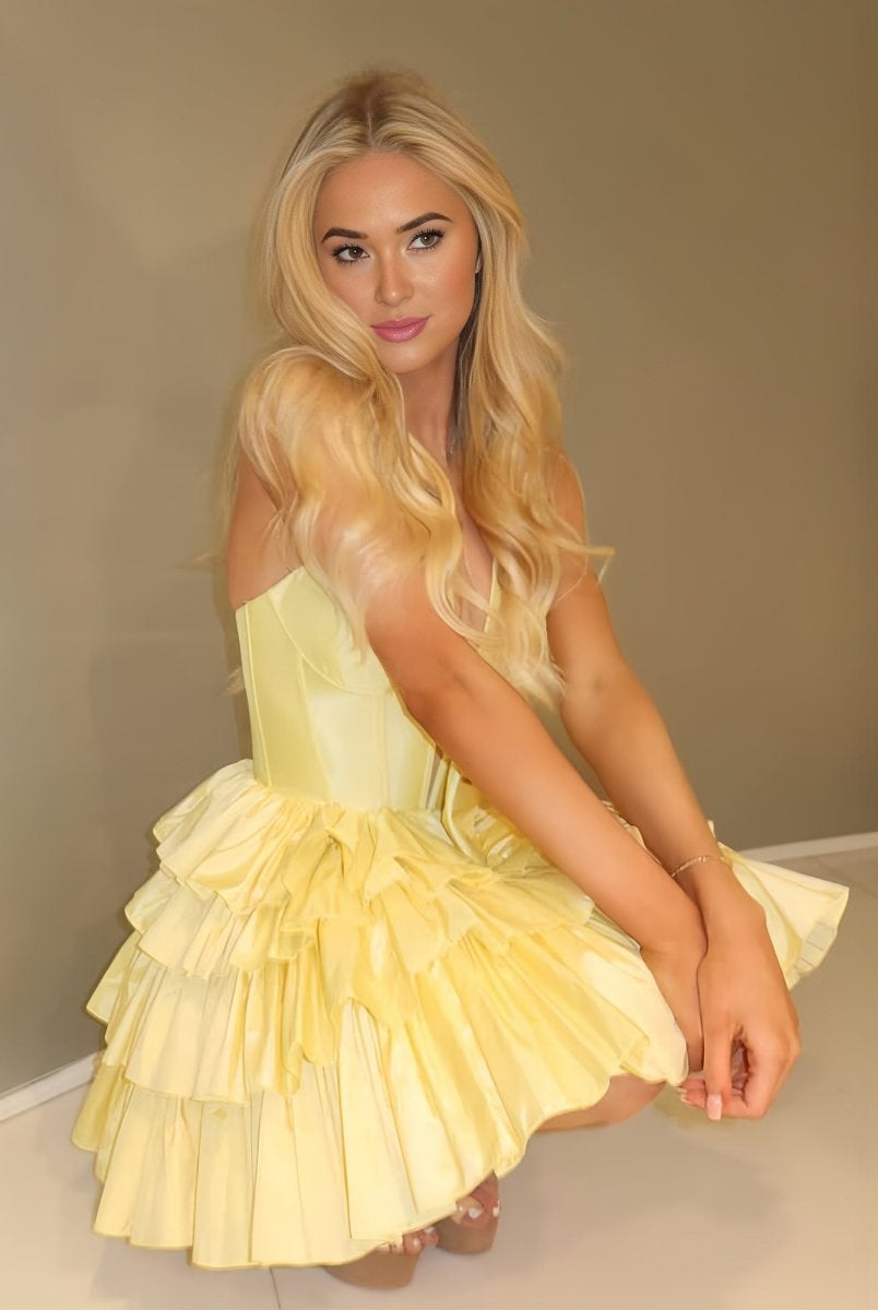 Glydah | Yellow - Halter A Line Ruffles Satin Homecoming Dress With Bow
