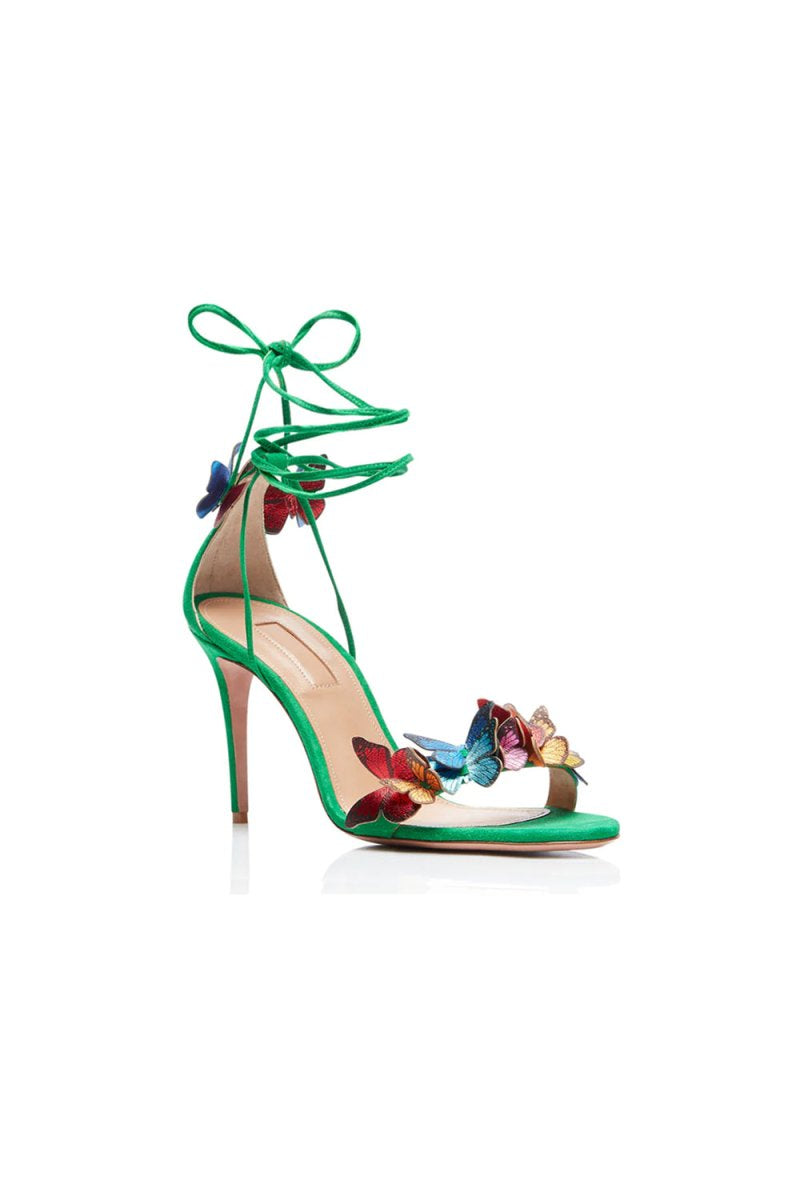 Gold Butterfly Embellished Lace Up High Heel Sandals - KissProm