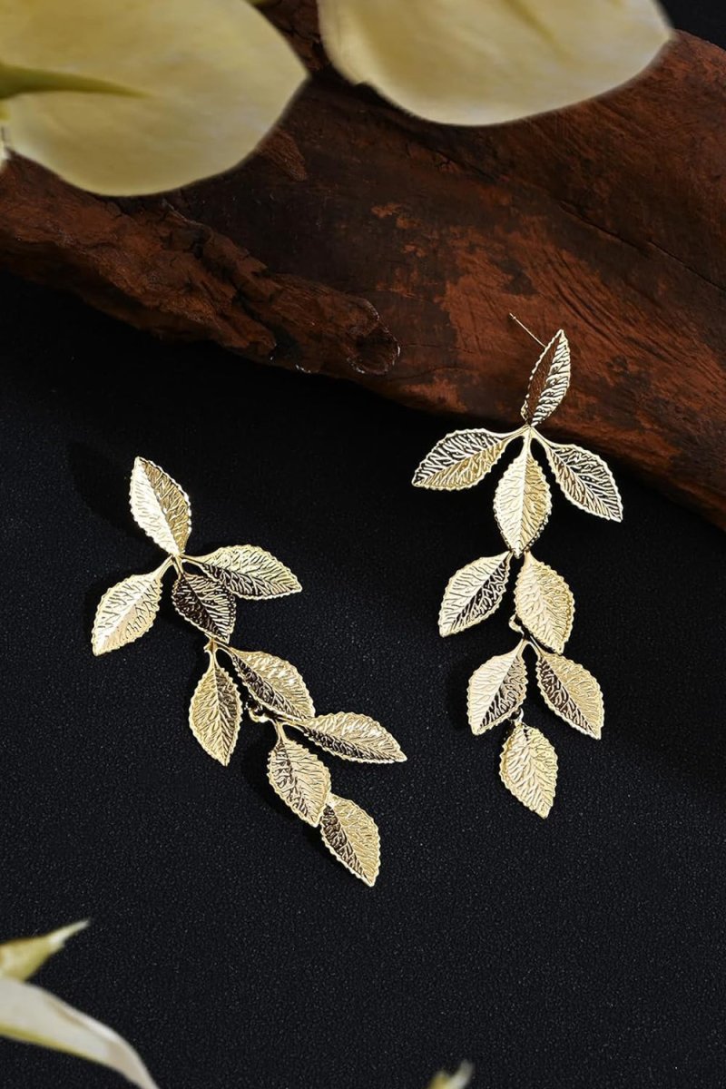 Gold Long Leaf Stud Earrings