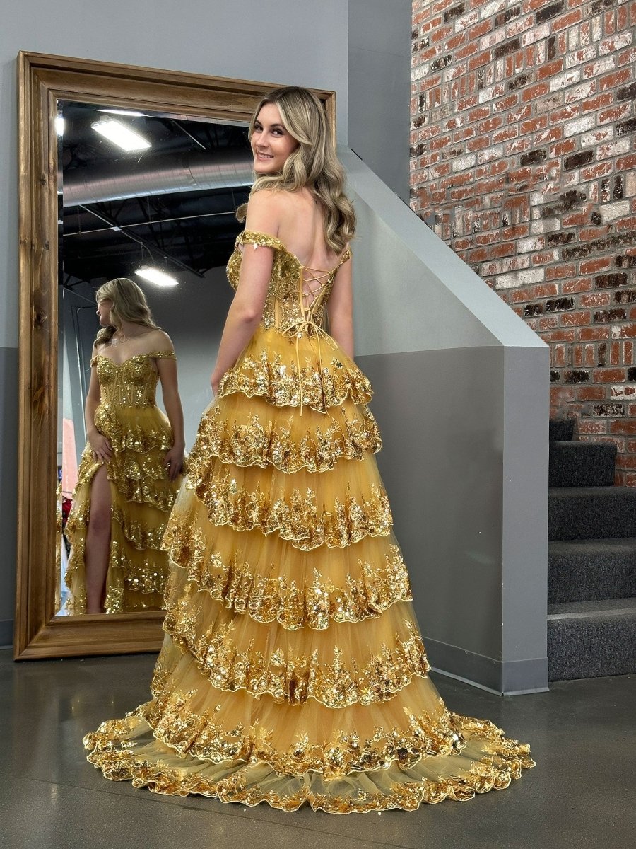 KissProm-Capri Gold A-Line Lace Off-The-Shoulder Tiered Long Prom Dress With Slit