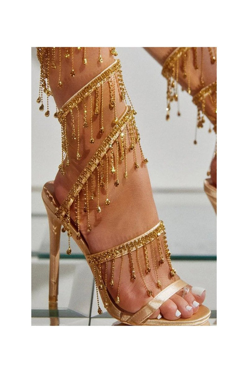 Golden Sparkly Strappy High Heeled Sandals With Tassel