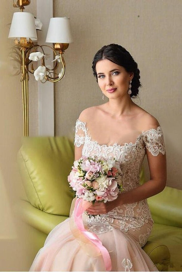 Gorgeous Mermaid Appliqued Lace Tulle Bridal Gowns With Lace - up Back - KissProm