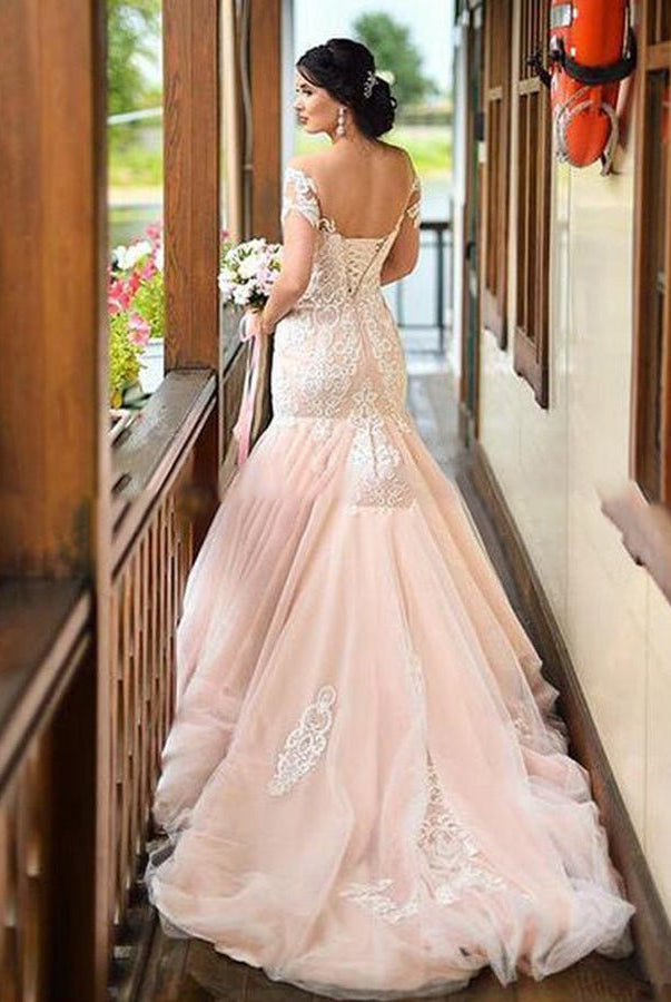 Gorgeous Mermaid Appliqued Lace Tulle Bridal Gowns With Lace - up Back - KissProm