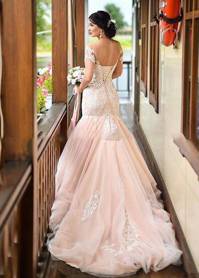 Gorgeous Mermaid Appliqued Lace Tulle Bridal Gowns With Lace - up Back - KissProm