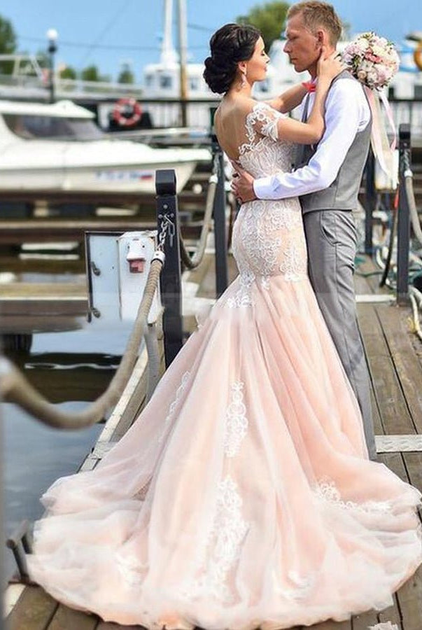 Gorgeous Mermaid Appliqued Lace Tulle Bridal Gowns With Lace - up Back - KissProm