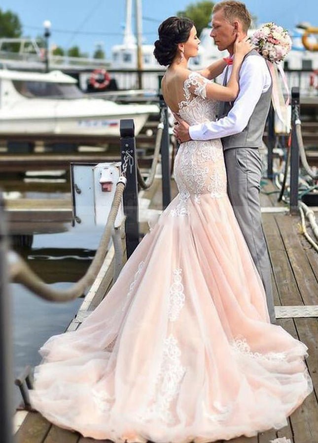 Gorgeous Mermaid Appliqued Lace Tulle Bridal Gowns With Lace - up Back - KissProm