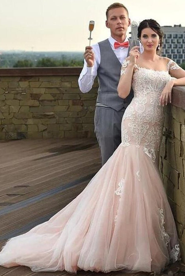 Gorgeous Mermaid Appliqued Lace Tulle Bridal Gowns With Lace - up Back - KissProm