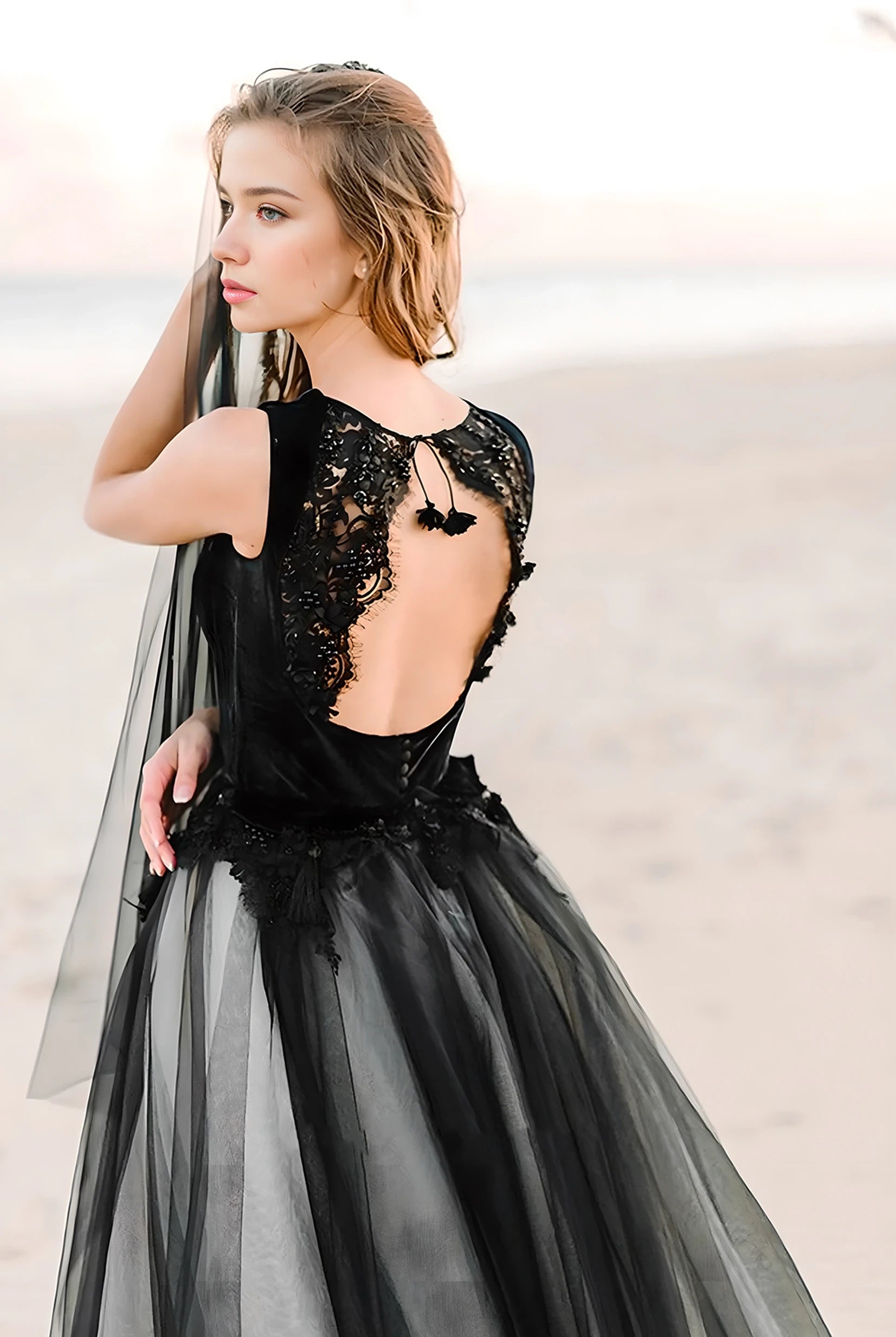 A-Line Black and White Unique Fairy Beach Lace Tulle Square Neck Floor Wedding Dress with Keyhole Back