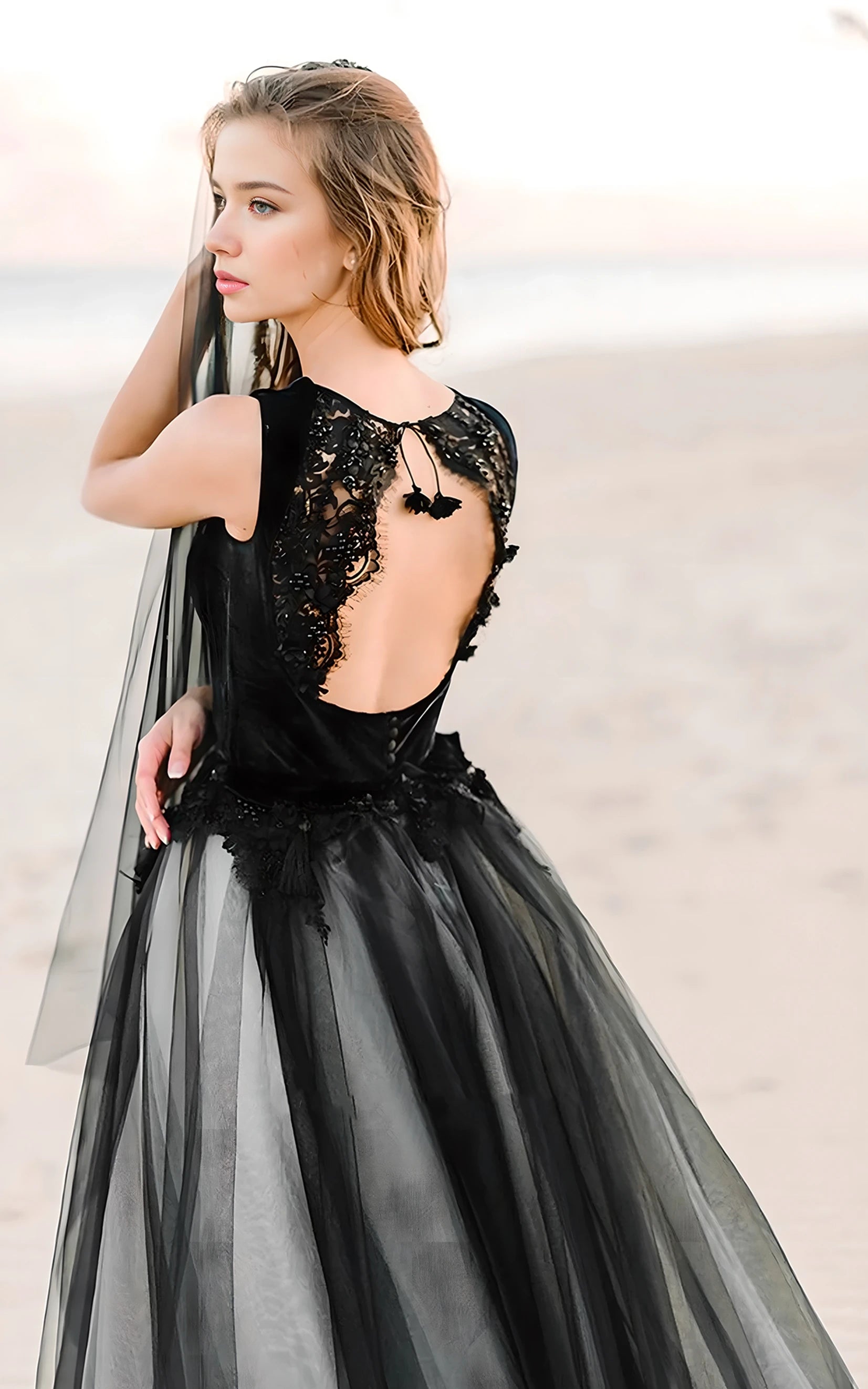 A-Line Black and White Unique Fairy Beach Lace Tulle Square Neck Floor Wedding Dress with Keyhole Back