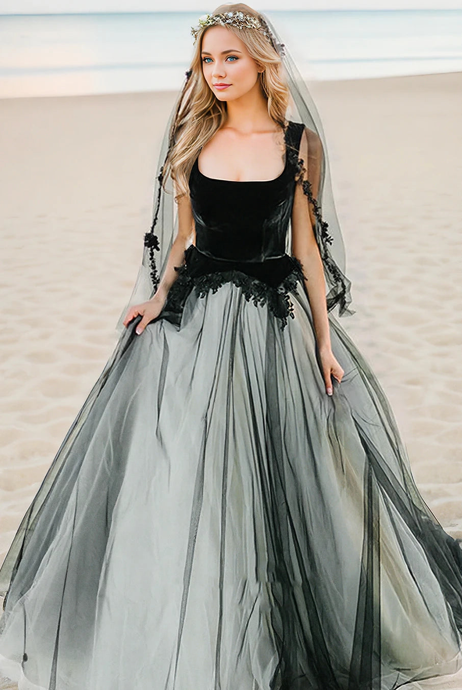 A-Line Black and White Unique Fairy Beach Lace Tulle Square Neck Floor Wedding Dress with Keyhole Back