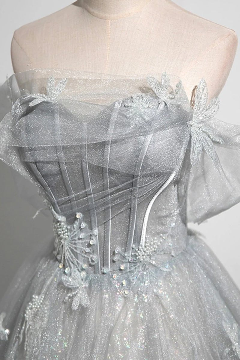 Tiana | Gray A-Line Off the Shoulder Tulle Prom Dress, Lovely Corset Floor Length Party Dress