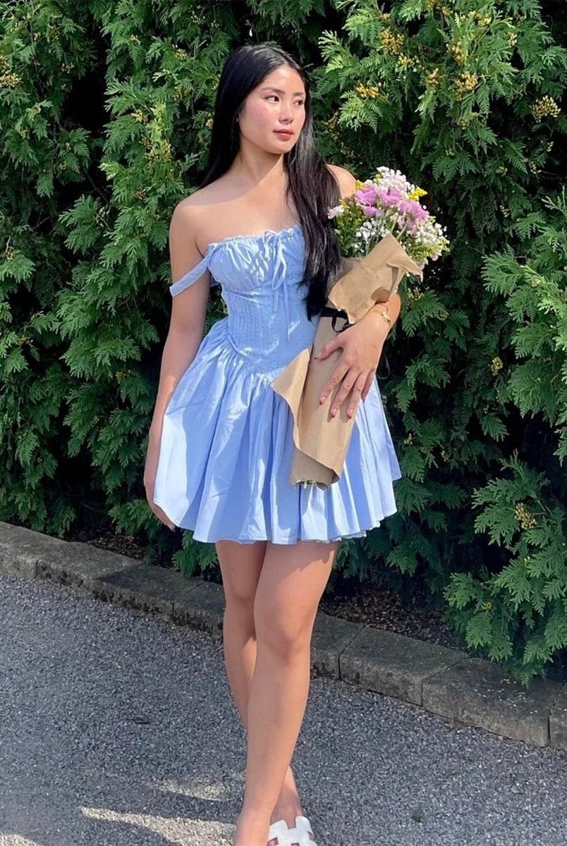 Graye | Blue - Square Neck A Line Satin Homecoming Dresses With Bow