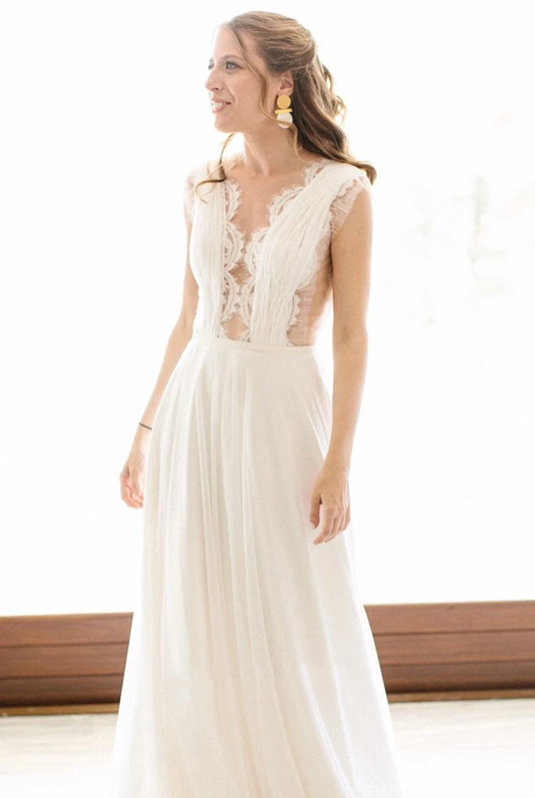Greek A-Line Plunging Neckline Chiffon Lace Wedding Dress With Open Back And Pleats
