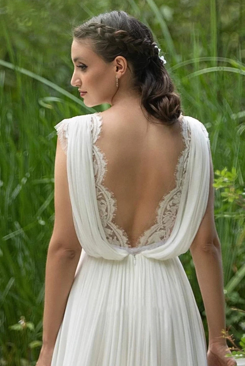 Greek A-Line Plunging Neckline Chiffon Lace Wedding Dress With Open Back And Pleats