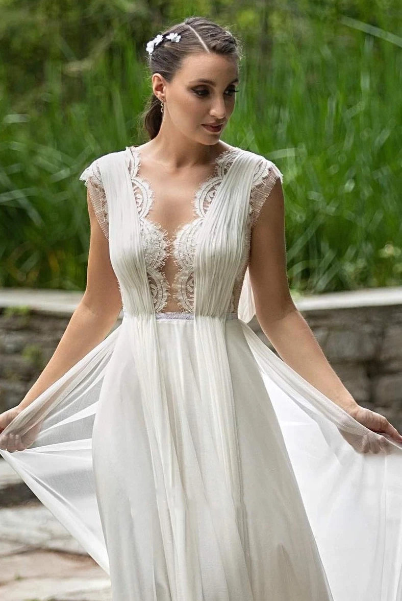 Greek A-Line Plunging Neckline Chiffon Lace Wedding Dress With Open Back And Pleats
