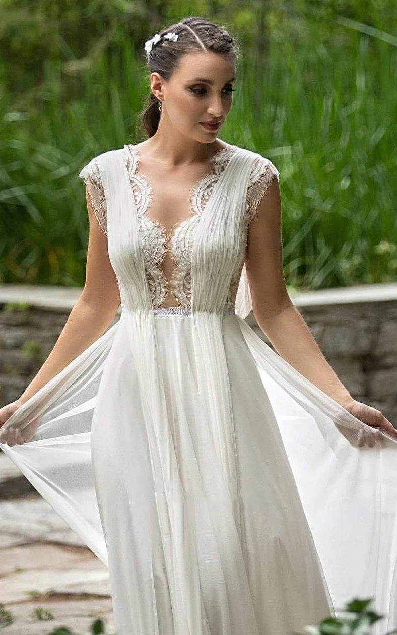 Greek A-Line Plunging Neckline Chiffon Lace Wedding Dress With Open Ba Greek A-Line Plunging Neckline Chiffon Lace Wedding Dress With Open Ba