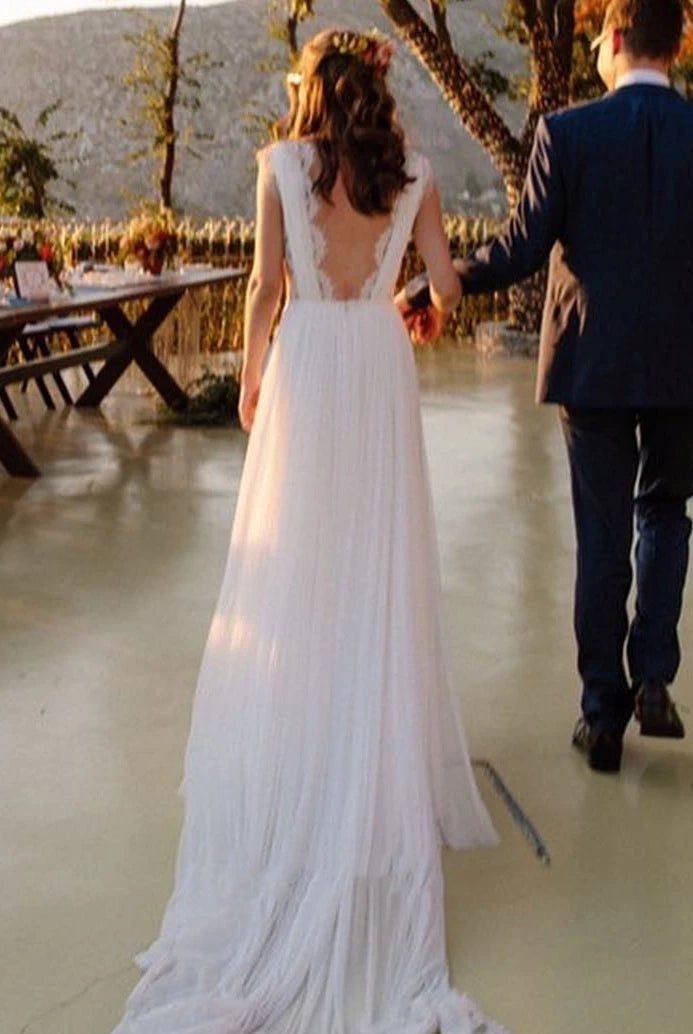 Greek A-Line Plunging Neckline Chiffon Lace Wedding Dress With Open Back And Pleats