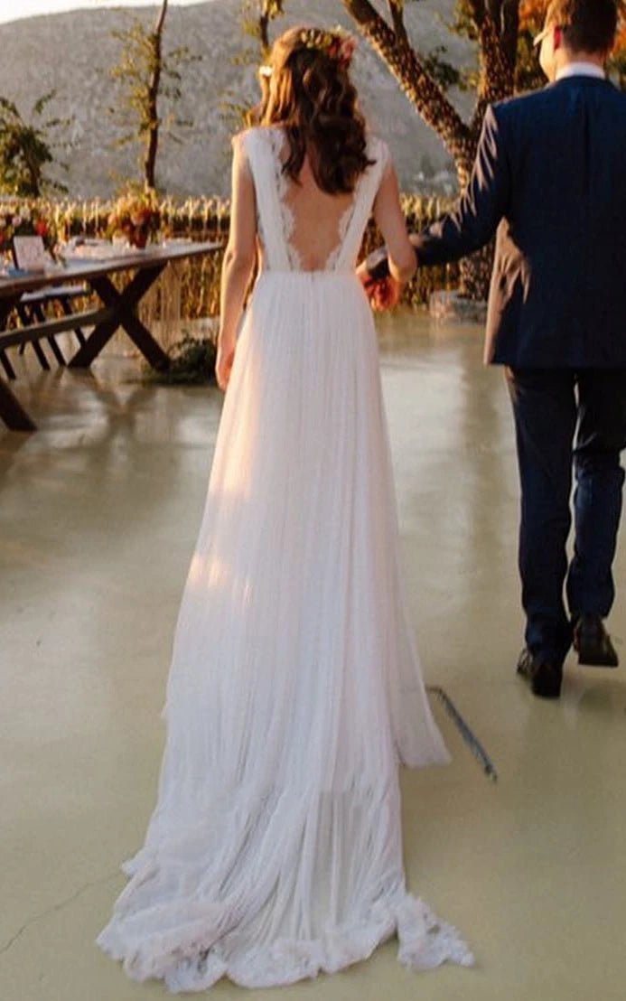 Greek A-Line Plunging Neckline Chiffon Lace Wedding Dress With Open Back And Pleats