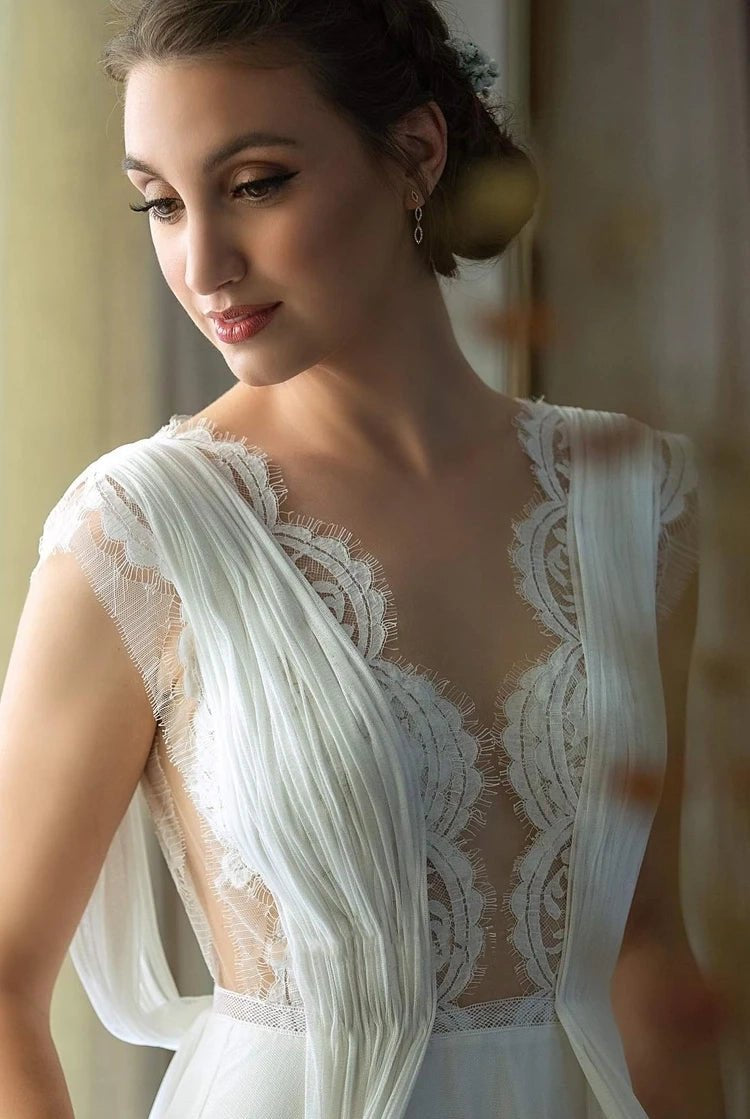 Greek A-Line Plunging Neckline Chiffon Lace Wedding Dress With Open Back And Pleats