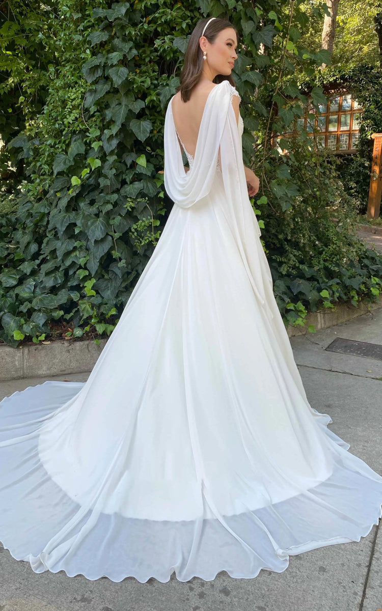 Greek Simple A Line V neck Chiffon Court Train Wedding Dress with Ruch