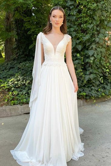 Greek Simple A Line V-neck Chiffon Court Train Wedding Dress with Ruching