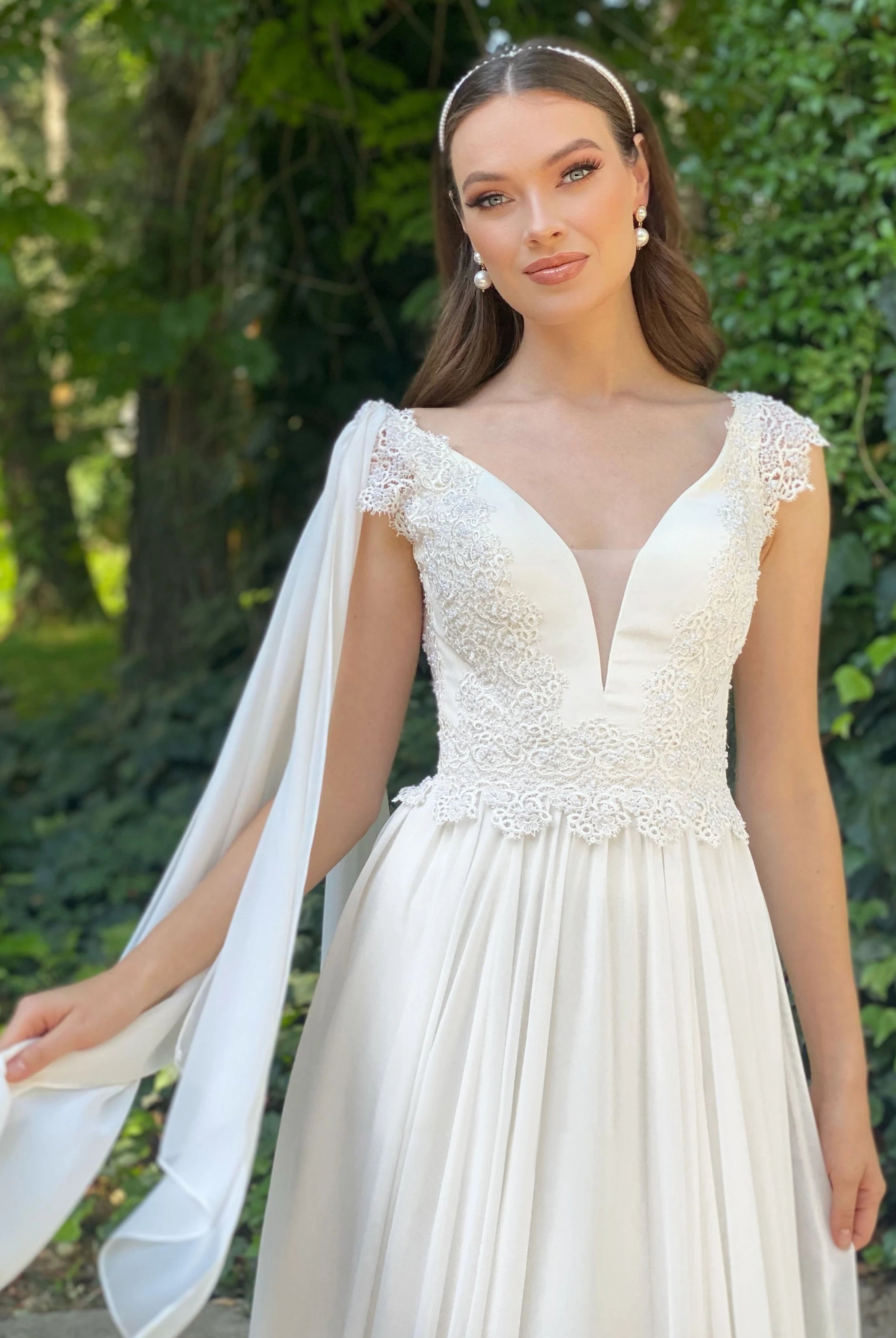 Greek Simple A Line V-neck Chiffon Court Train Wedding Dress with Ruching