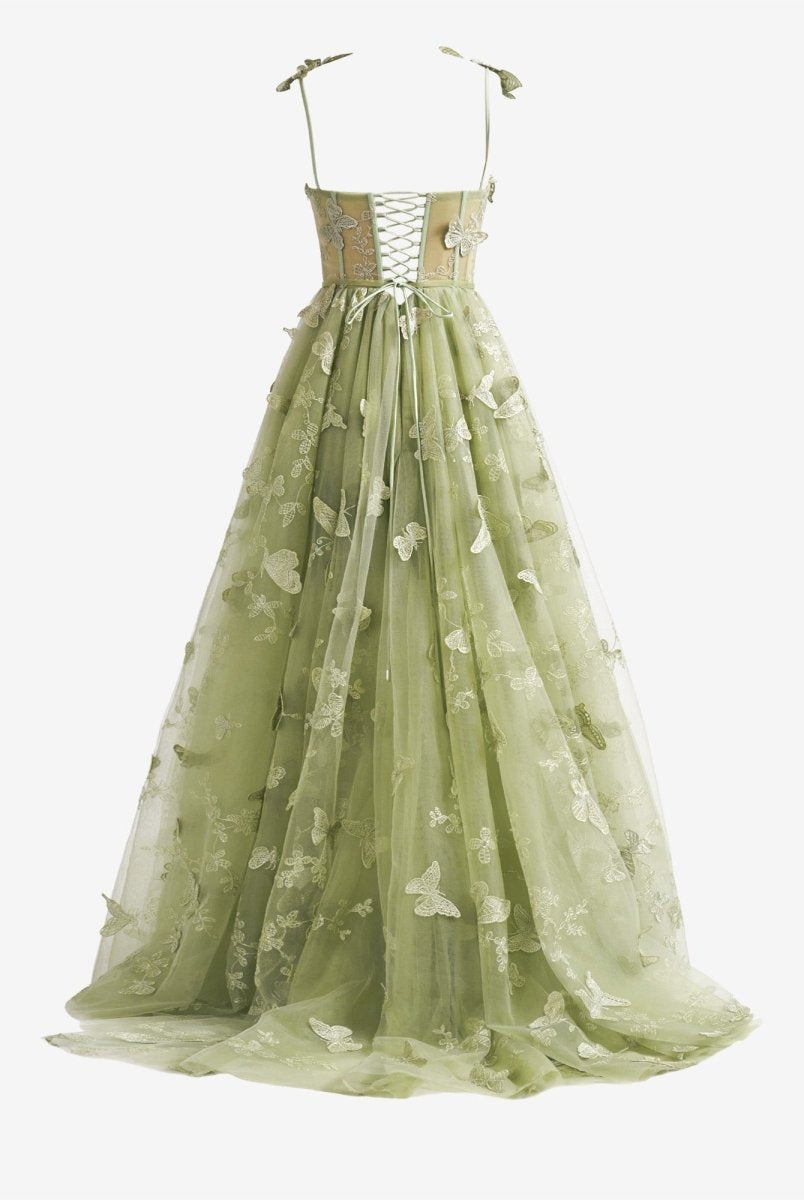 Green A-line Butterfly Lace Lilac Corset Prom Dress with Slit