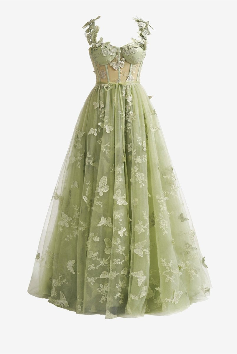 Green A-line Butterfly Lace Lilac Corset Prom Dress with Slit