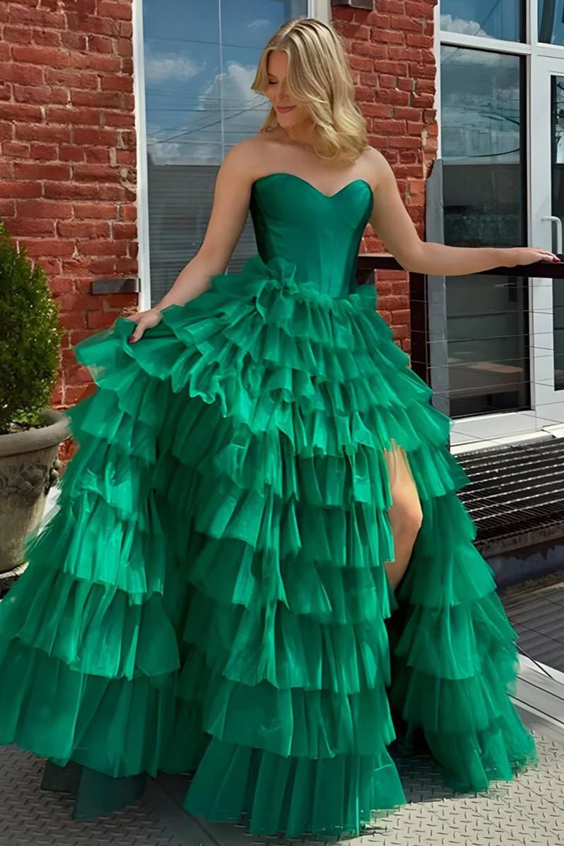 KissProm-Harmony Green A-Line Sweetheart Tiered Tulle Prom Dress with Slit