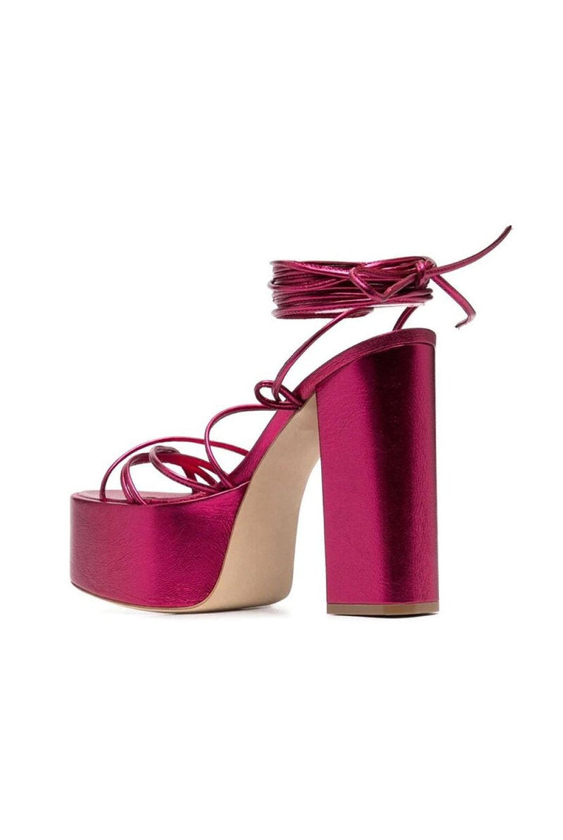 Green Lace Up Leather High Heel Platform Sandals