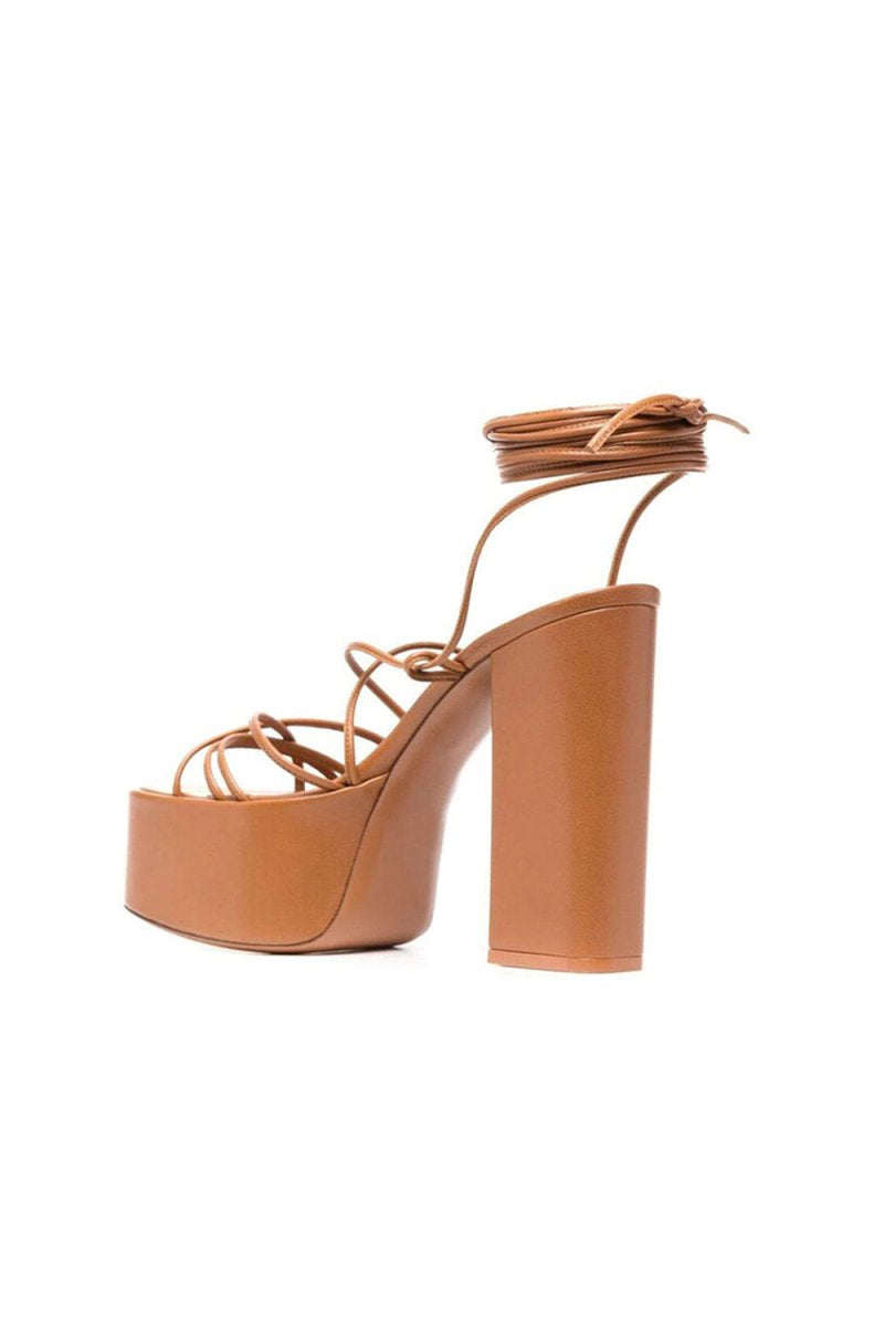 Green Lace Up Leather High Heel Platform Sandals