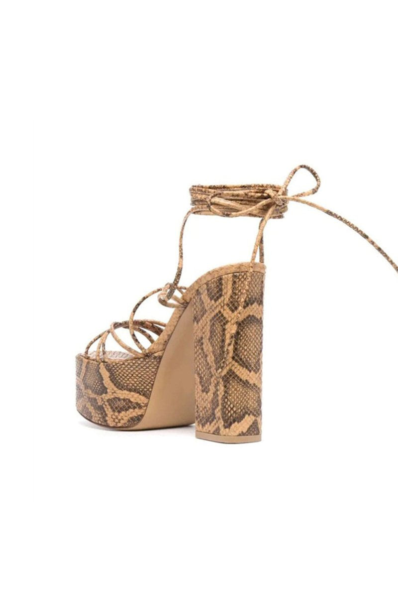 Green Lace Up Leather High Heel Platform Sandals