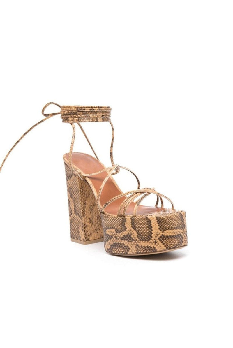 Green Lace Up Leather High Heel Platform Sandals