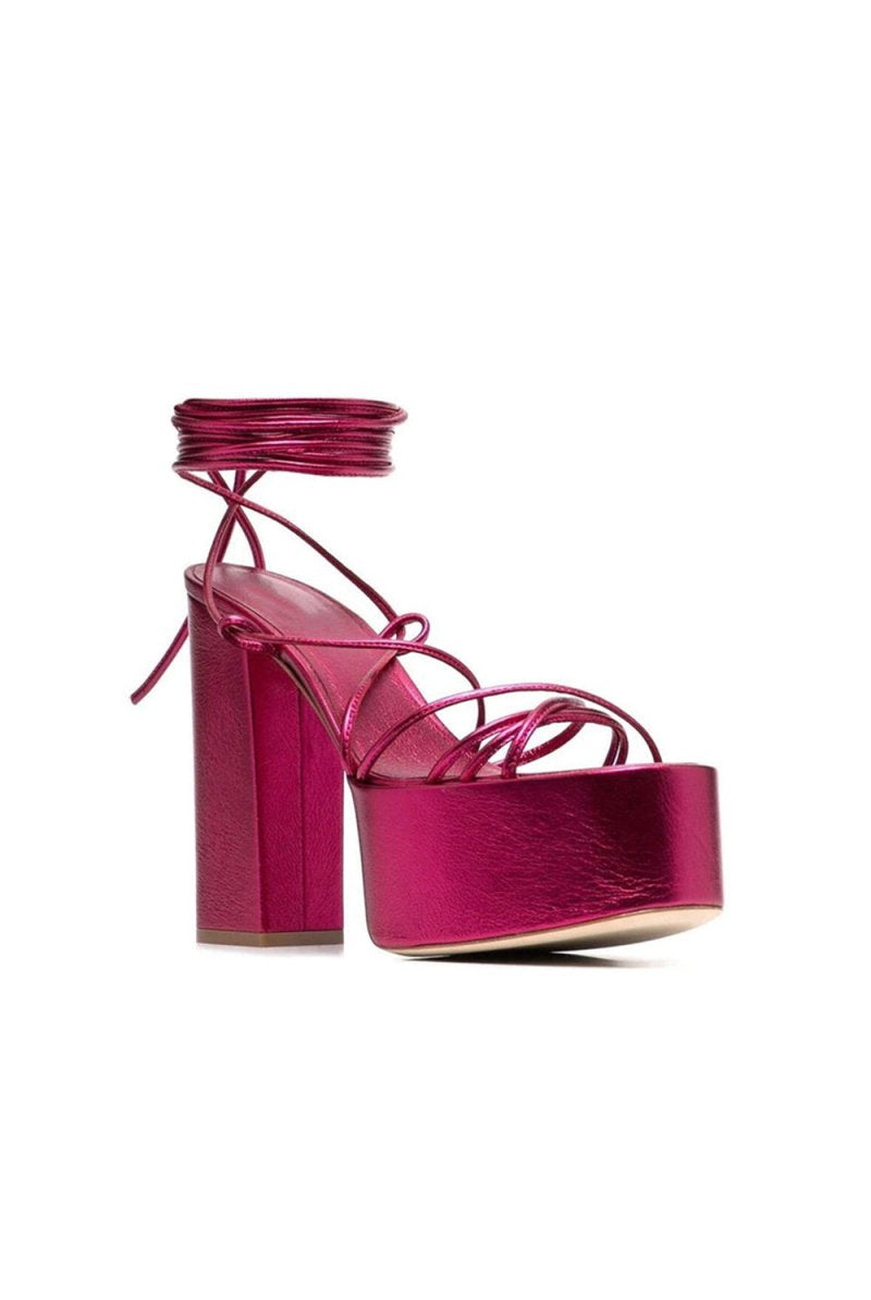 Green Lace Up Leather High Heel Platform Sandals